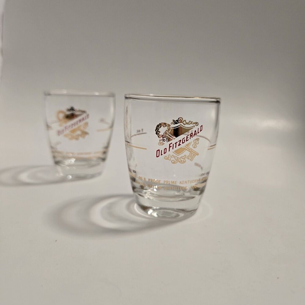 Old Fitzgerald advertising mid century 1 oz glass shot glass set of 2 barware